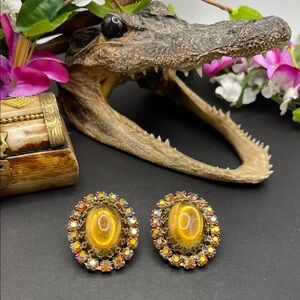 Rhinestone and glass cab clip earrings vintage